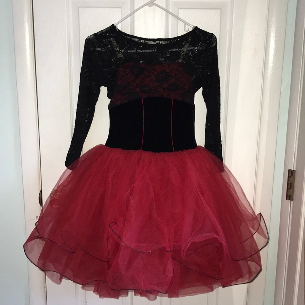 Red and black lace top dress with red tutu